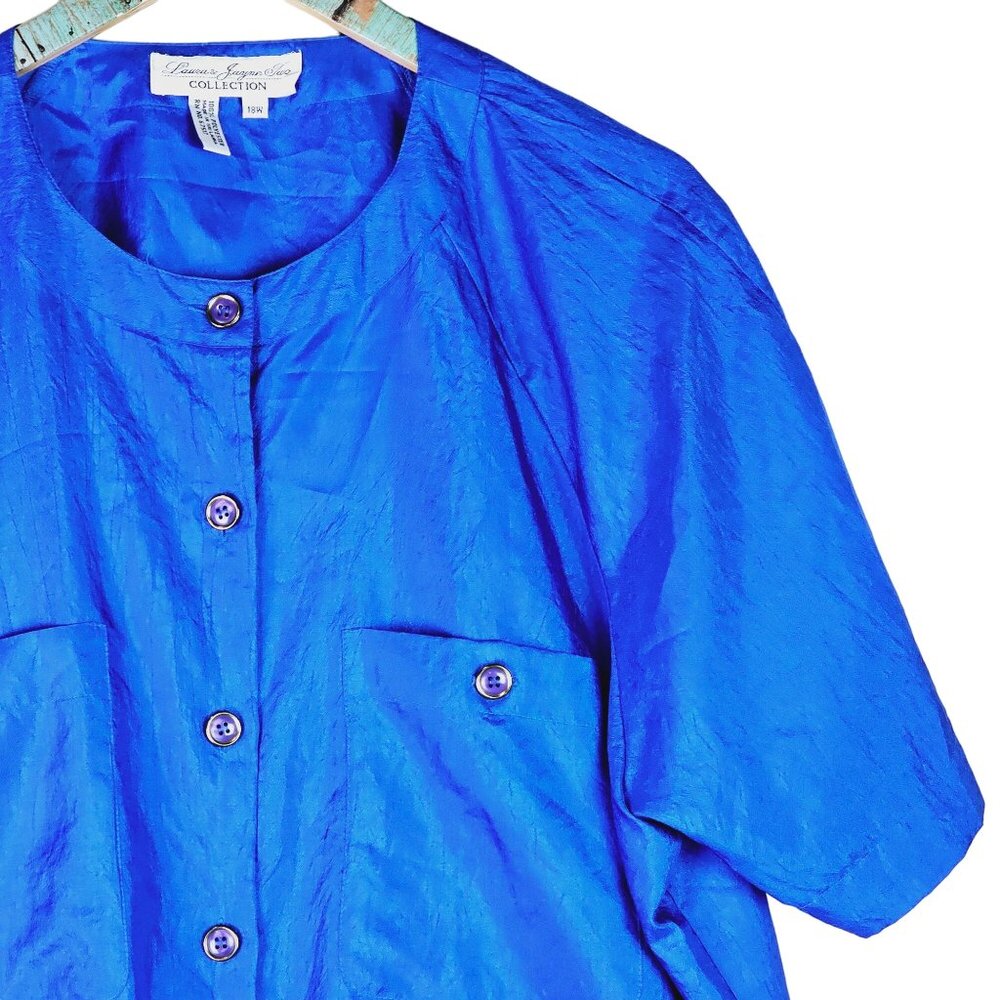 Vtg Laura & Jayne Two Collection Bright Blue Silky Big Button Pocket Blouse, 18W - Picture 2 of 6